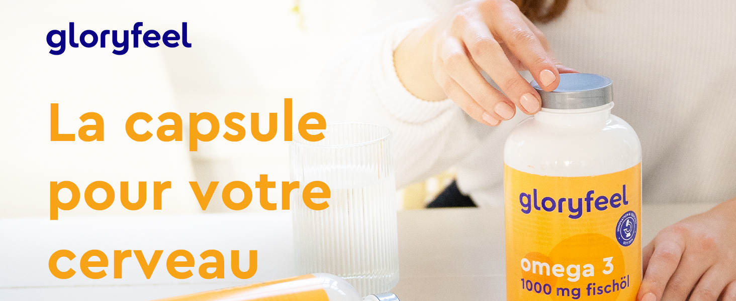 Flacon de supplément Gloryfeel et texte en français, montrant les mains ouvrant le contenant sur fond blanc