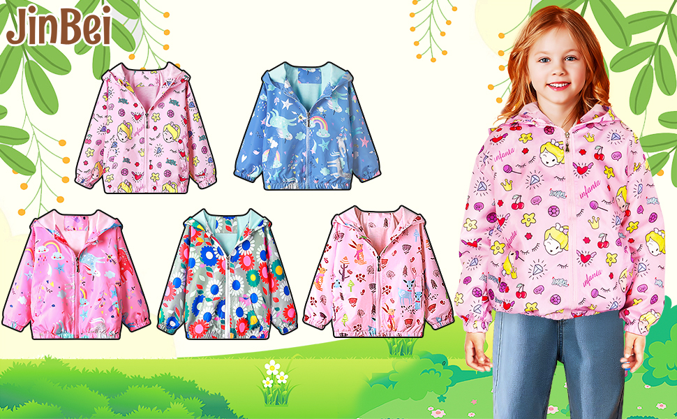 Children's colorful patterned rain jackets displayed in various designs. A child models a pink jacket with cartoon prints. Brand name JinBei visible.