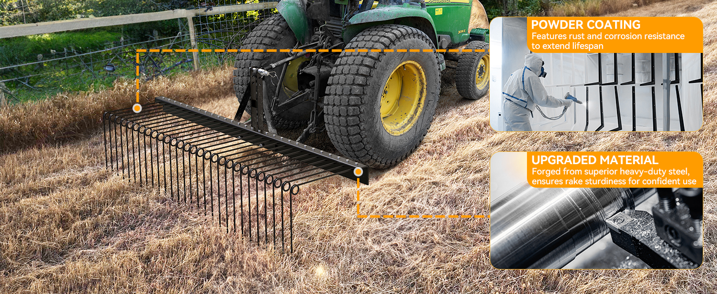 YINTATECH 72in Steel Pine Straw Rake for 3 Point Hitch