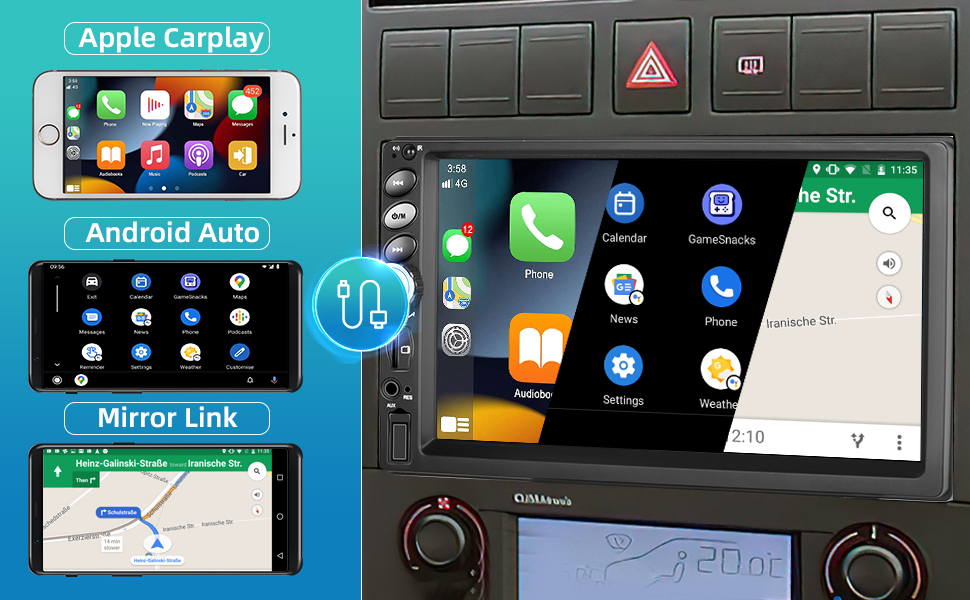 Radio Coche 2 DIN con CarPlay Android Auto Mirror Link para Android/iOS