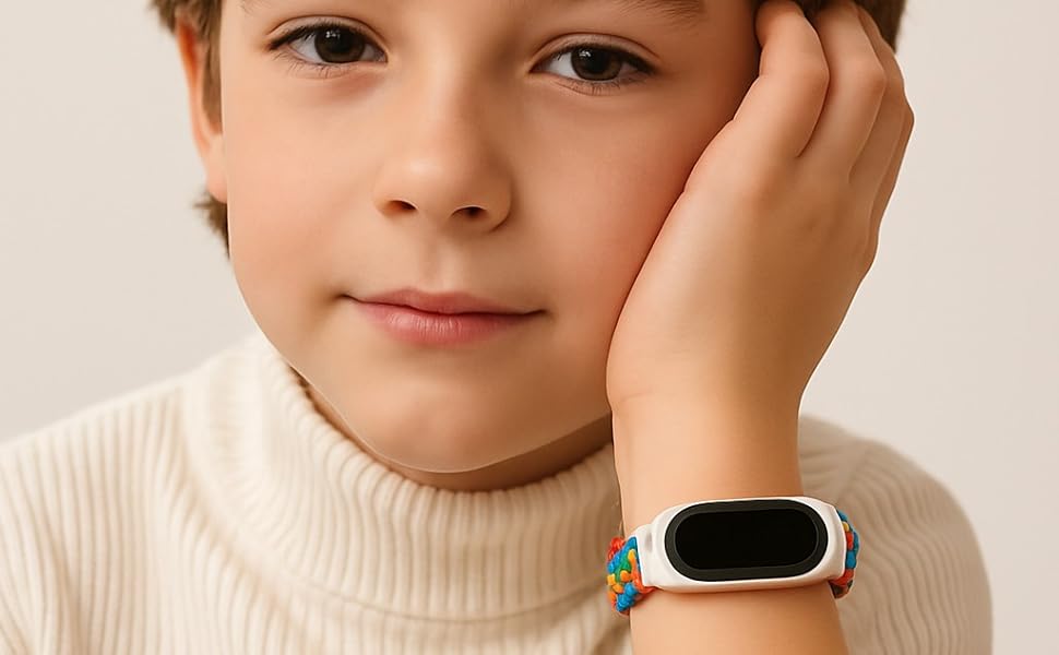 Young person in cream sweater resting head on hand, wearing digital smartwatch or fitness tracker with light-colored band.