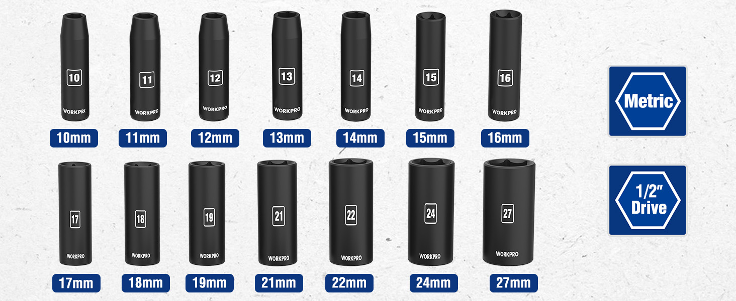 WORKPRO 14-Piece 1/2＂ Drive Deep Impact Socket Set