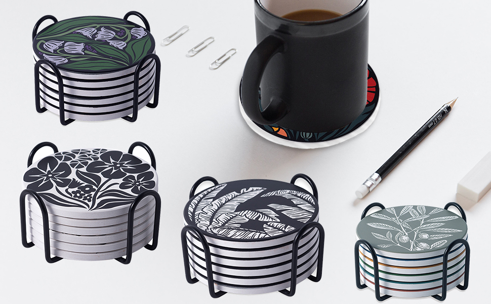 STARUBY Coasters Absorbent Ceramic Coaster Drink Coasters with Cork Back Beautiful