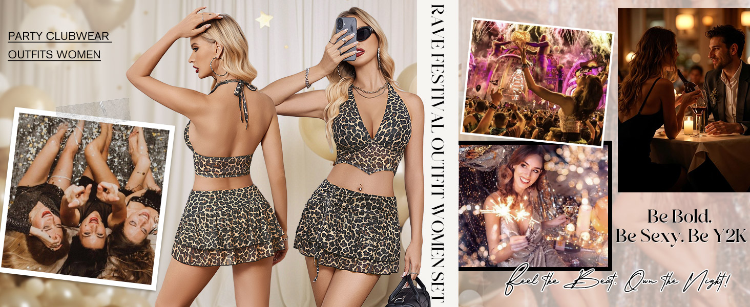 Y2K Skirt Sets for Women Summer Going Out Halter Crop Top Mini Skirt Concert Rave Travel Outfits