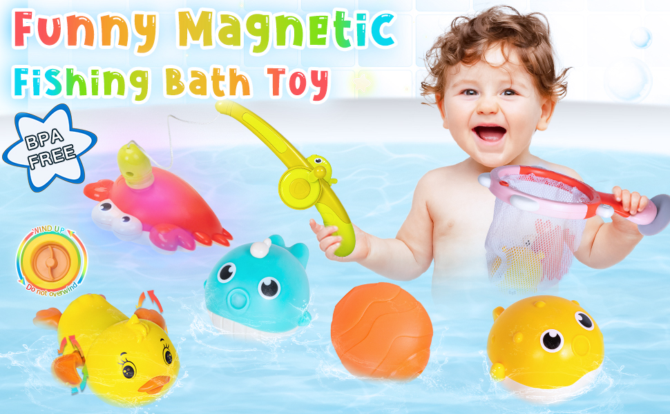 Baby Bath Toys, 7 Pcs Magnetic Fishing Game Set with 3 Light Up Fishing Toys, 1 Wind Up Duck/Fishing Net/Rob/Squirt Ball Mould Free Floating Bath Toys Gifts for 1+ Year Old Boys Girls 12 1