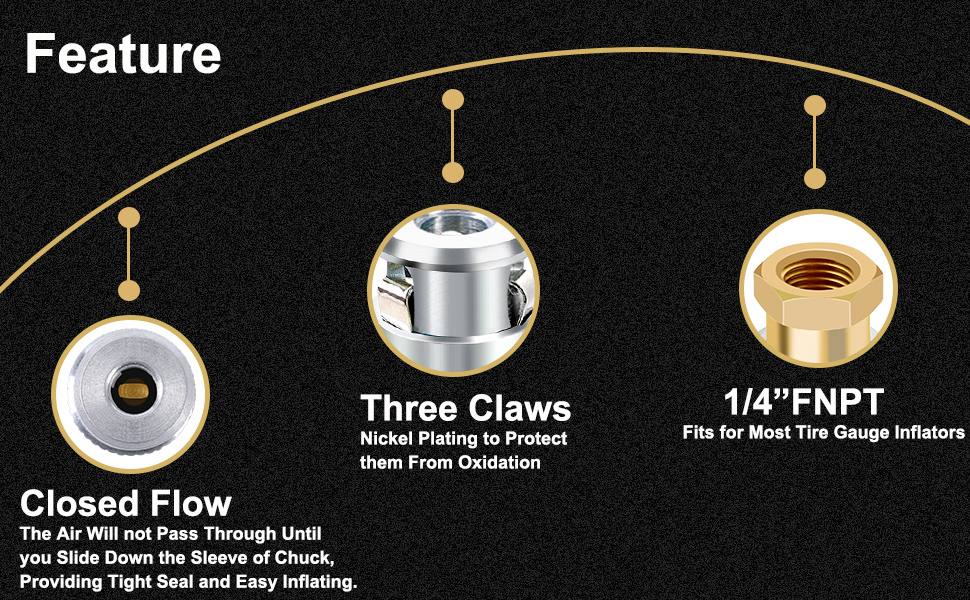 GODESON Air Chuck,1/4FNPT Closed Flow Brass Tire Chuck,Lock On Air