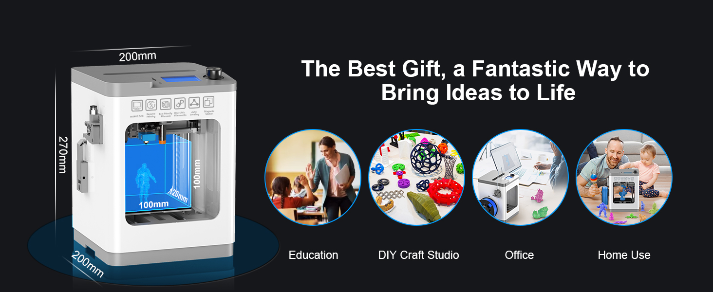 Tina2 Basic 3D Printers for Beginners Fully Assembled, Auto Leveling 3D Printer for Kids, FDM 3D Printers Resume Printing Function, Removable Flexible Magnetic Build Plate, Fully Open Source 19 Compact 3D printer with blue illuminated interior chamber. Marketing panels show educational, craft, office and home applications. Dimensions visible on product frame.