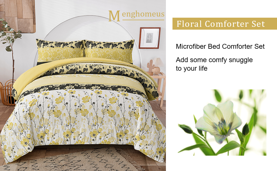 Menghomeus Yellow Floral Comforter Set King Boho