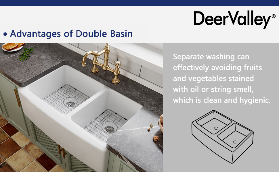 DeerValley DV1K705 Double Bowl Farmhouse Sink Farm Kitchen Sink 33"L x