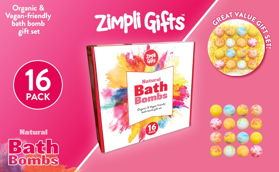 16 x Bath Bombs Gift Set for Women from Zimpli Gifts, Handmade Luxury
