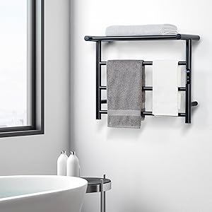 MyGift Premium Hotel Series Wall Mounted Black Stainless Steel Electric Bath Towel Warmer Rack LED