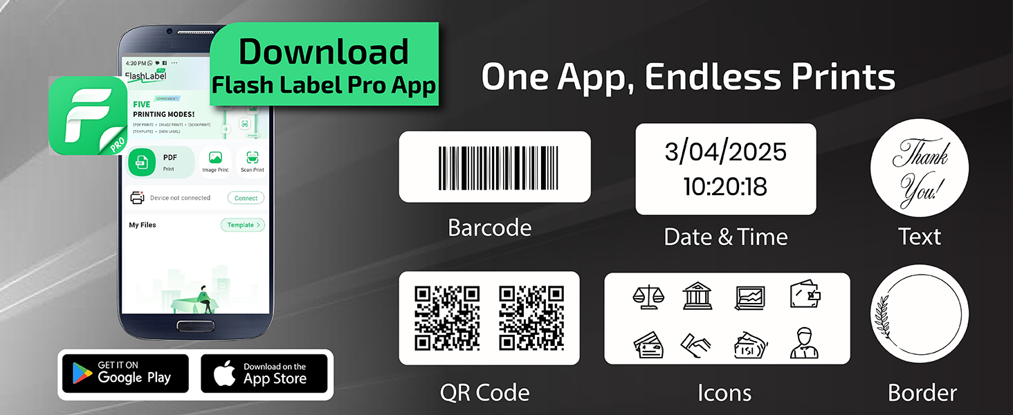 Works with Flashlabel Pro app – design, preview, and print labels easily from your smartphone