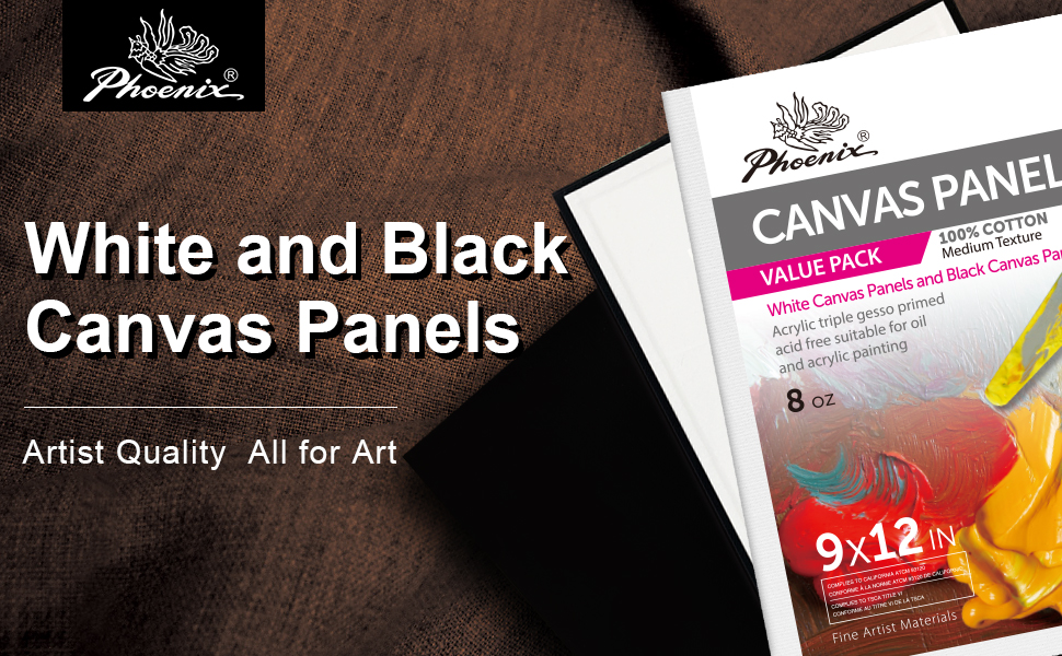 PHOENIX Black and White Canvas Panels, 6x6 Inch, 18 Bulk