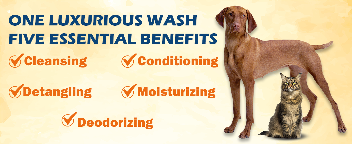 Dog and cat beside a 5-in-1 shampoo benefits list