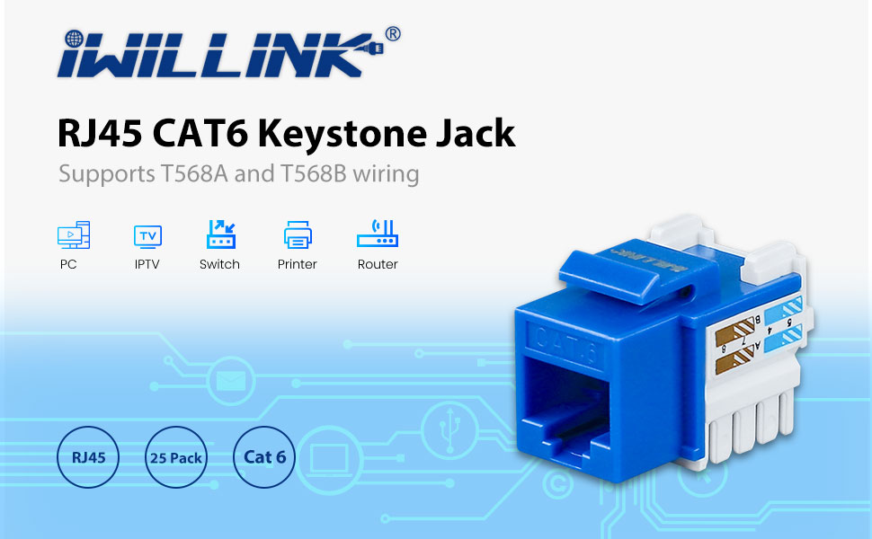 iwillink 25Pack Cat6 Keystone Jack RJ45 Keystone Jack, 90Degree Keystone Modules