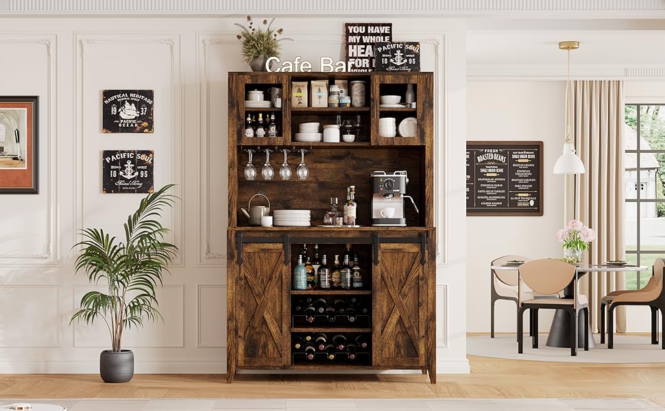 Wine Coffee Bar Cabinet with Storage Hutch Tall Kitchen Pantry Liquor Cabinet farmhouse