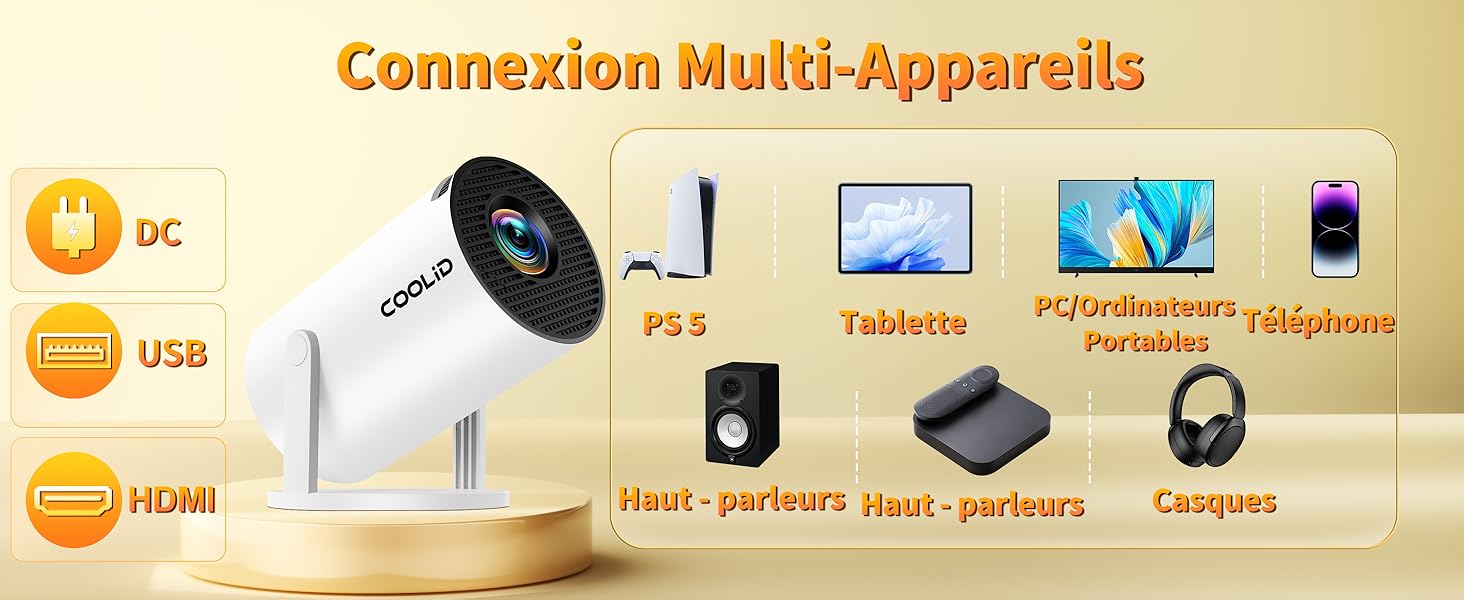 Le texte indique « Connexion Multi-Appareils ». Infographie présentant les options de connectivité avec des icônes pour divers appareils, notamment USB, HDMI et appareils mobiles.