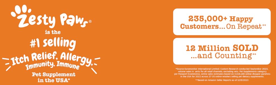 Orange and white promotional banner for pet product. Highlights customer satisfaction, sales figures, and manufacturing location.