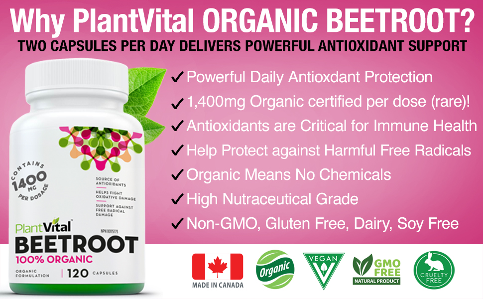 Plantvital Organic Beet Root Capsules 1400mg Beet Root Powder Beta