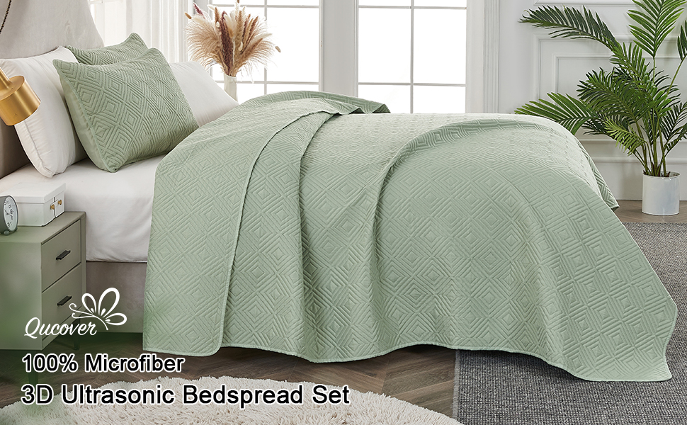 Qucover Quilted Bedspreads King Size 3Piece King Bedspreads Green