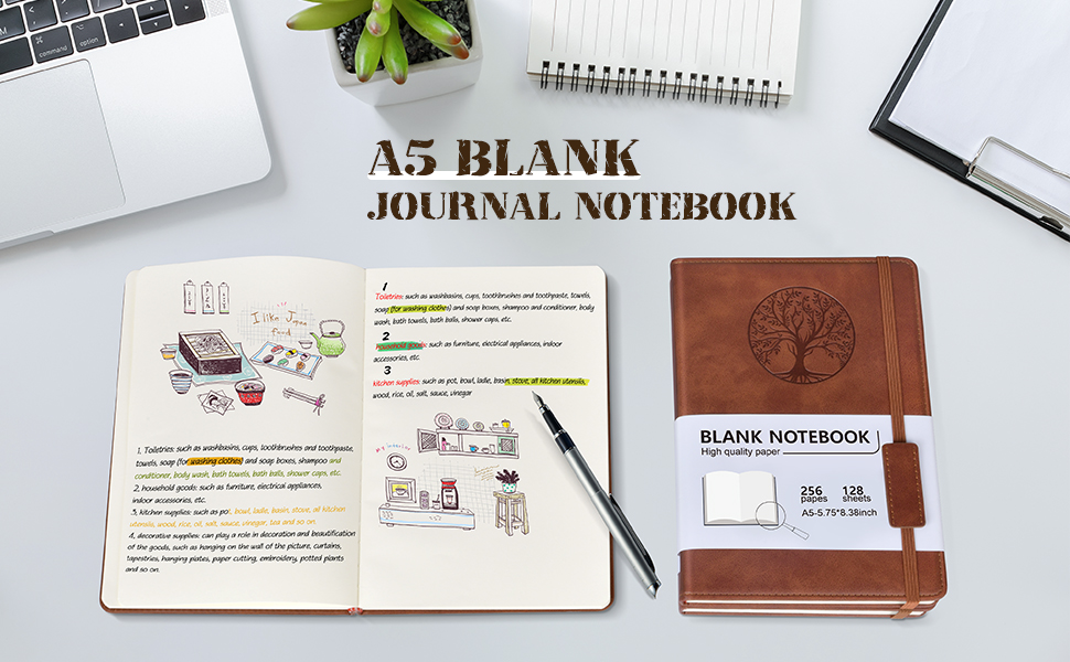 Blank Journal Notebook for Women Men, A5 Unlined Journal
