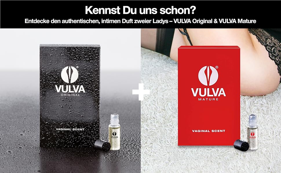 Zwei Produktboxen, eine schwarze und eine rote, mit dem „VULVA“ -Logo. Kleine Flaschen neben jeder Schachtel auf einer strukturierten Oberfläche