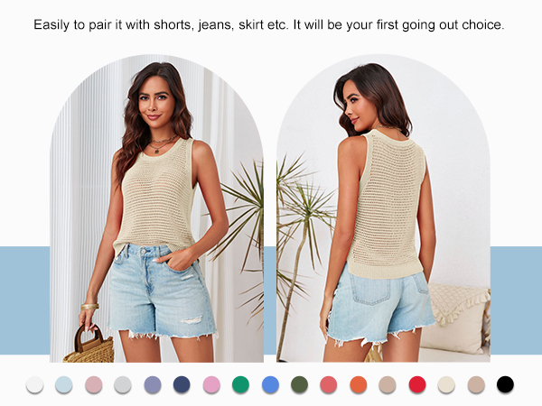 FISACE Womens Summer Crochet Knit Sweater Tank Tops Round