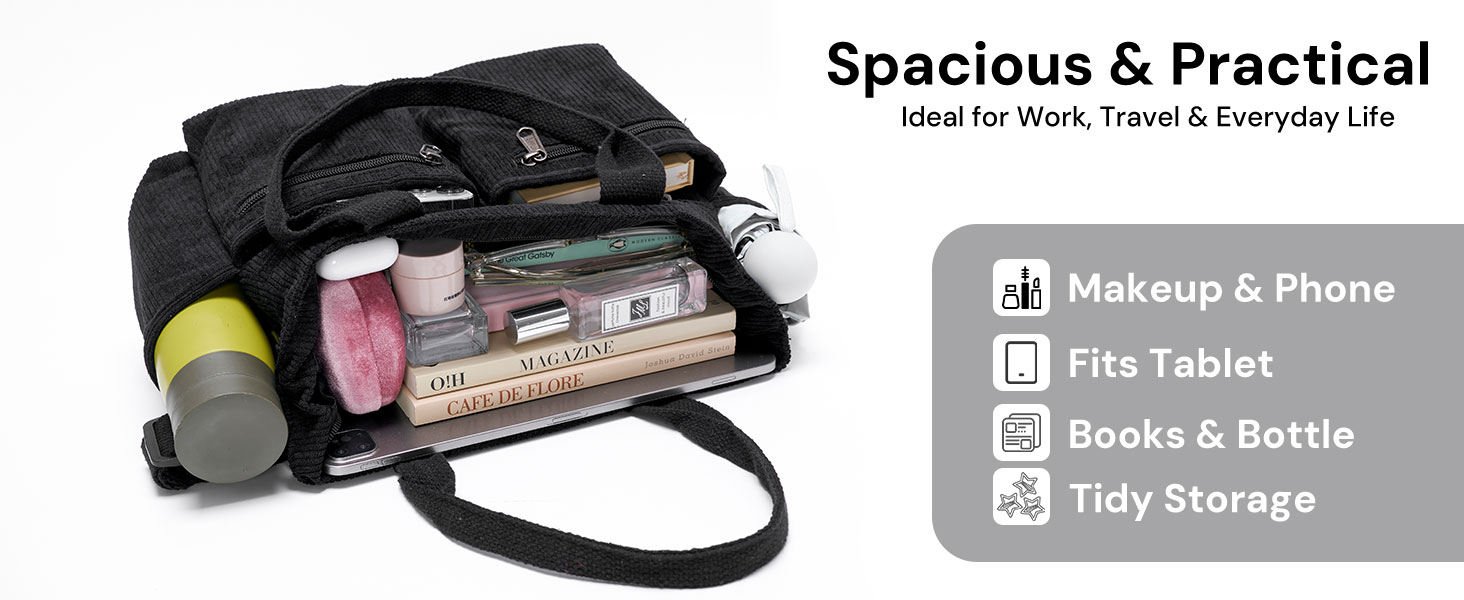 Open view of black corduroy tote bag showing tablet, water bottle, books, and organized storage