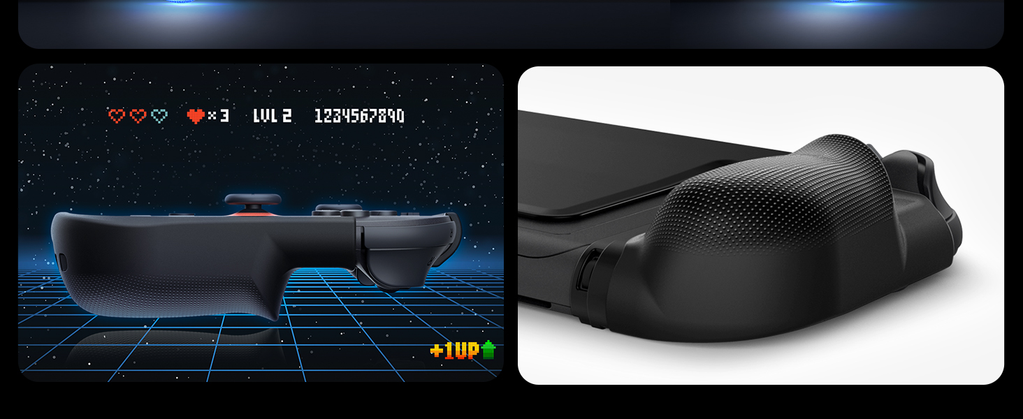 Image fractionnée d'une manette de jeu noire. Le panneau de gauche affiche un affichage numérique avec une interface semblable à un jeu. Le panneau de droite affiche un gros plan de la poignée texturée et des bords arrondis de la manette