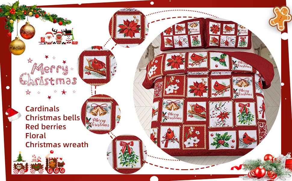 Christmas Quilt Set Queen Size 3 Pieces Christmas Patchwork