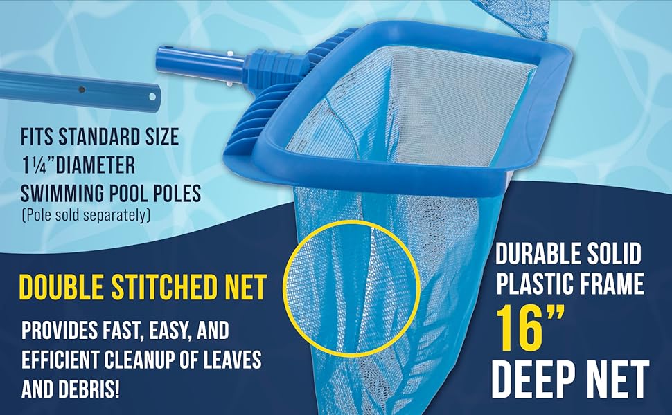20" Heavy Duty Pool Leaf Rake with Deep Net Bag, Fine Mesh & Easy Scoop Edge for Quick Cleaning