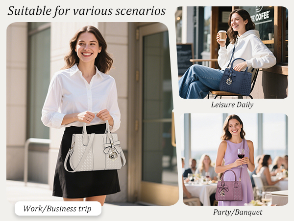 Fashion lifestyle photos showing various outfits for different occasions labeled as 'Leisure Daily', 'Work/Business trip', and 'Party/Banquet'.