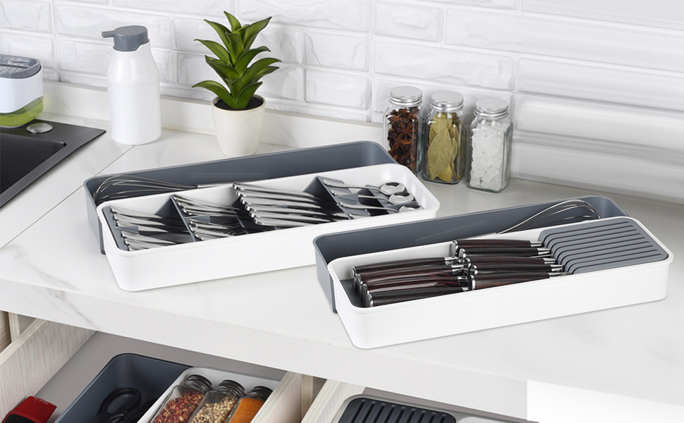 BEYUDG Cutlery Drawer Organiser Plastic Cutlery Trays for Kitchen Drawers Expandable Utensil