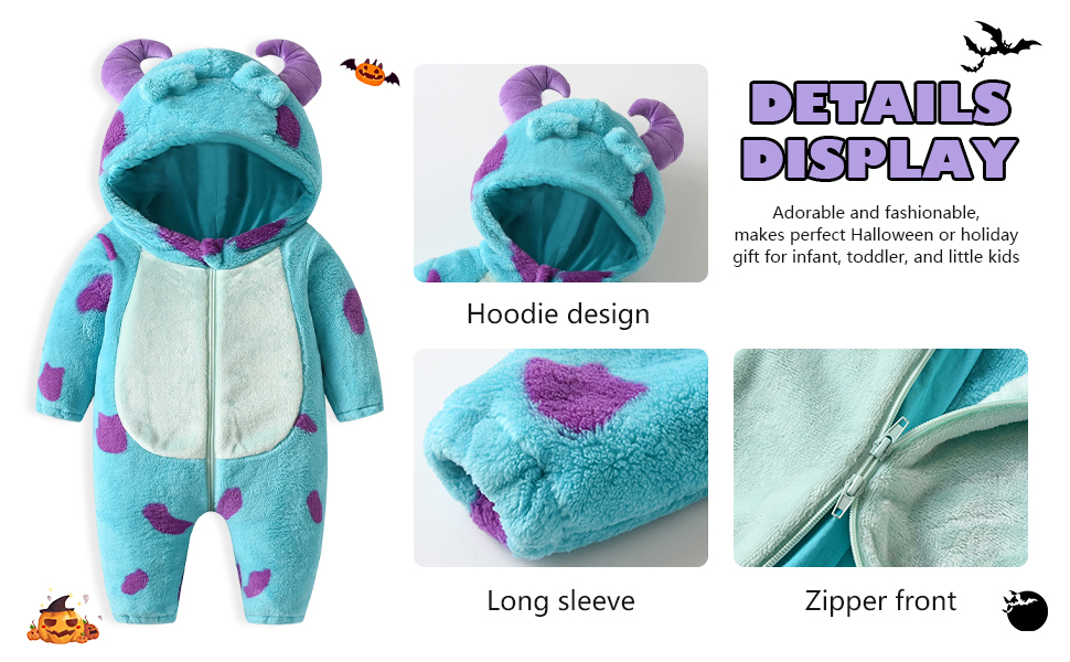 Text reads 'Hoodie design', 'Long sleeve', 'Zipper front'. Product display of turquoise and purple plush character hoodie shown from multiple angles.