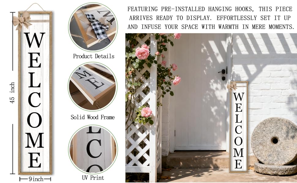 Vertical &#34;WELCOME&#34; sign with wood frame, burlap bow, and hanging hooks by white door.