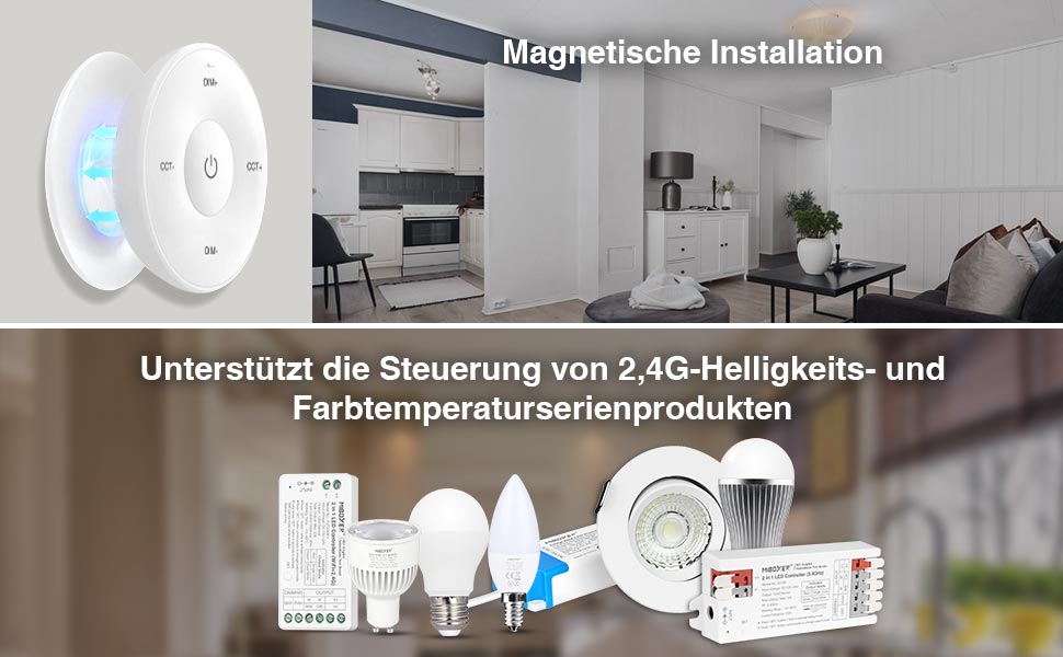 Werbebild für ein intelligentes Lichtsteuerungssystem, das weiße kreisförmige Wandgeräte und verschiedene Beleuchtungsprodukte in einer modernen Inneneinrichtung zeigt.