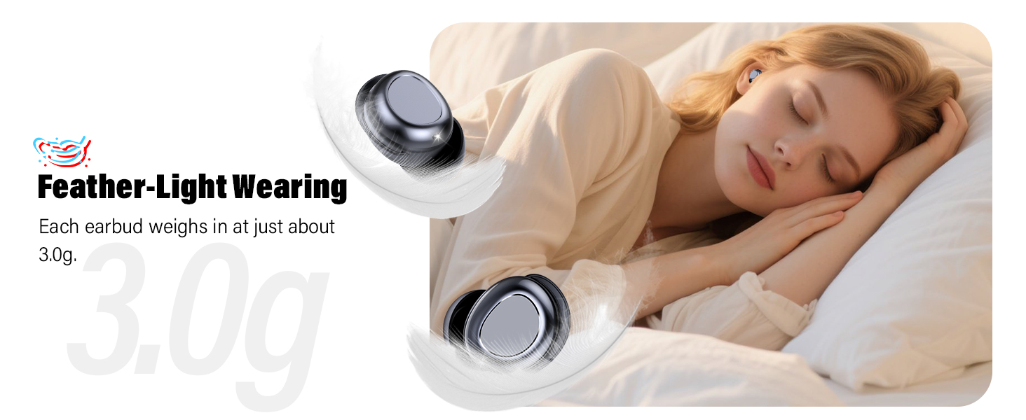 Text reads 'Feather Light Wearing'. Collection of images showing sleep-related products and someone resting on white bedding.