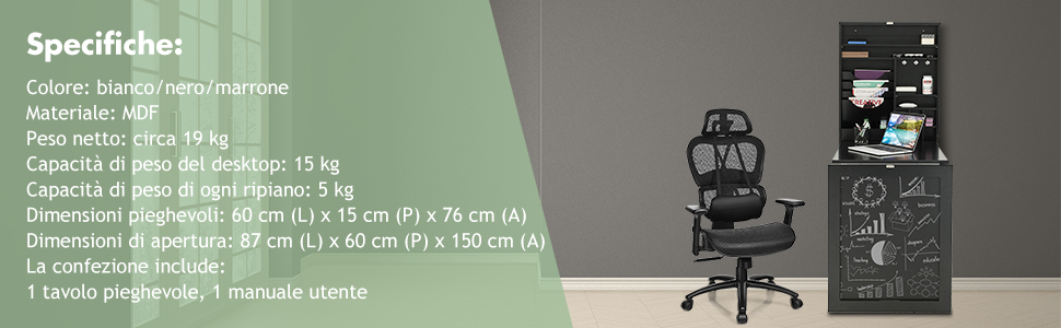 COSTWAY Scrivania Da Parete, Tavolo Pieghevole A Parete Con Lavagna E Mensola Regolabile, Scrivania Multifunzione Con Scaffali Per Casa Ufficio, 87 X 60 X 150 Cm (Nero) 15 1