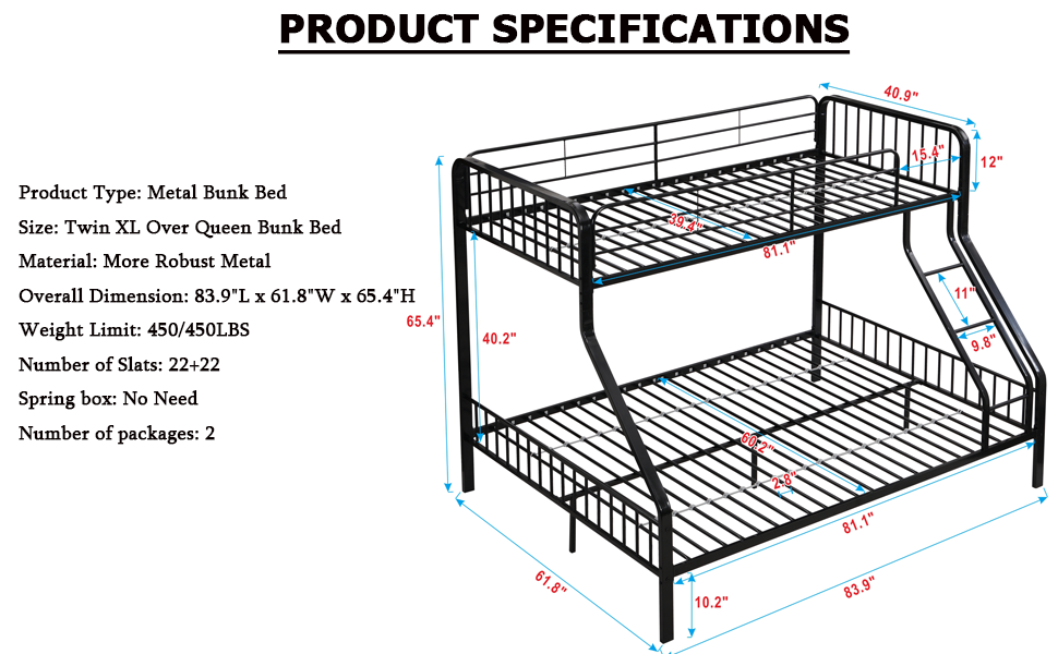 ZMIZAKOY Heavy Duty Metal Queen Bunk Bed Size for Adults