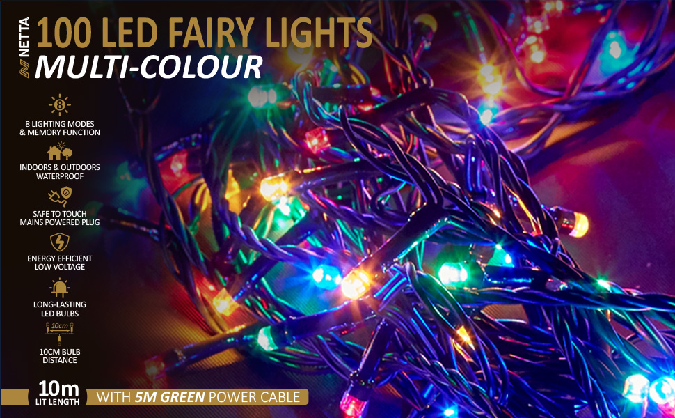 NETTA Christmas Tree Fairy Lights 100 LED MultiColour with 8