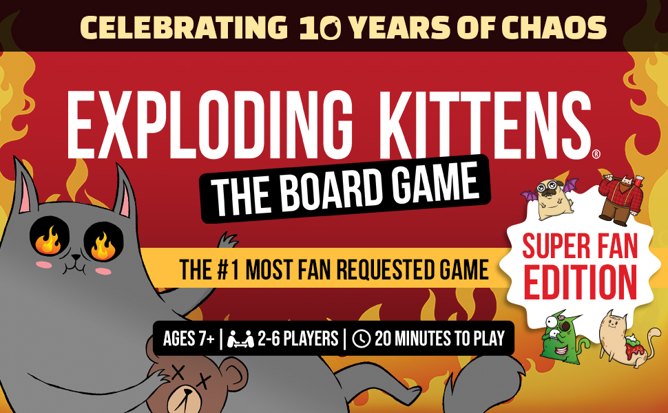 Exploding Kittens Super Fan Edition board game celebrating 10 years of chaos.