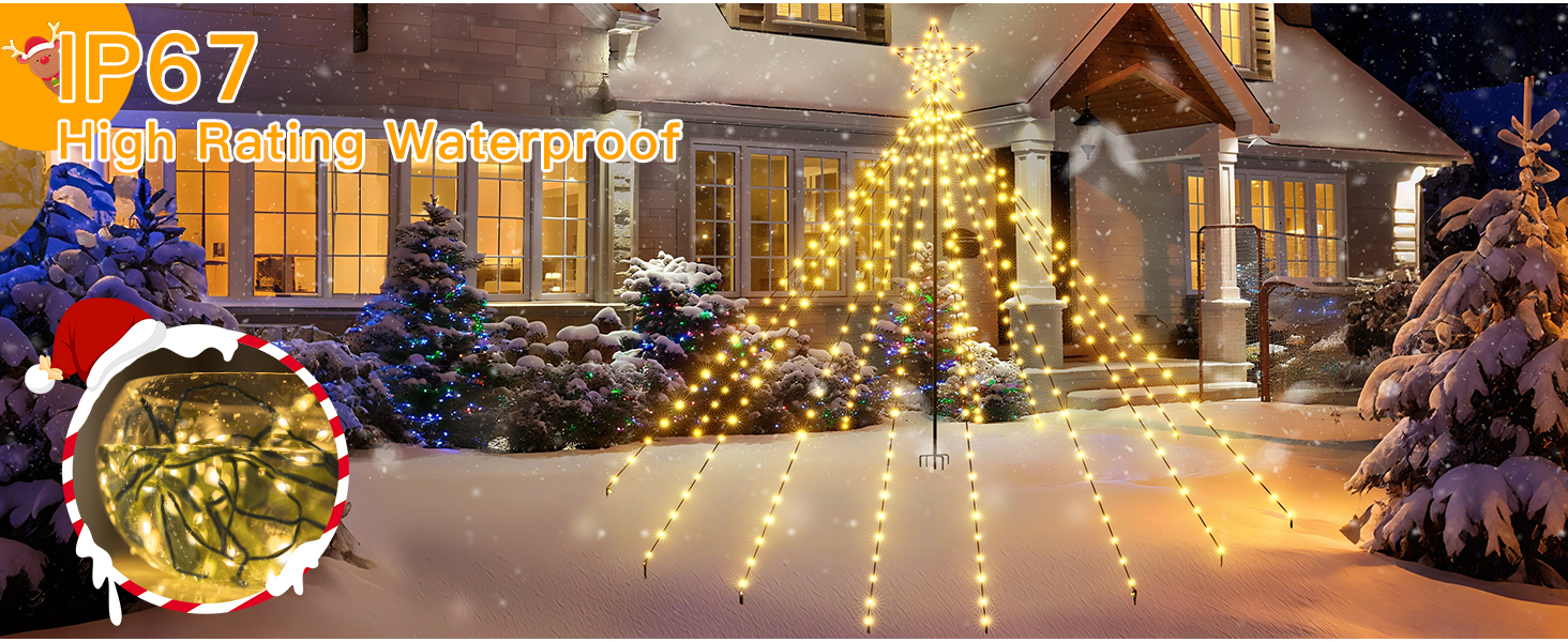 Christmas outdoor lighting display with cascading warm LED lights forming a large triangle tree shape against illuminated house facade with snow-covered landscaping