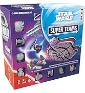 El texto dice «STAR WARS SUPER TEAMS». Juego de mesa o caja de juguetes con gráficos e ilustraciones de personajes de temática espacial en colores azul y morado.