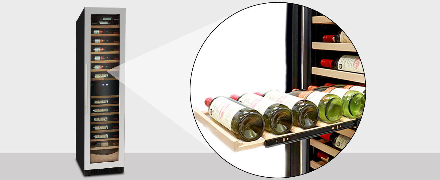 Kenmore Elite dual zone wine fridge with inset closeup of 7-bottle shelf pulled out all the way
