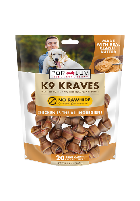 Pur Luv K9 Kraves Dog Treats, Chicken &amp;amp; Peanut Butter, 20 Count, No Rawhide, Mini Bone Chews