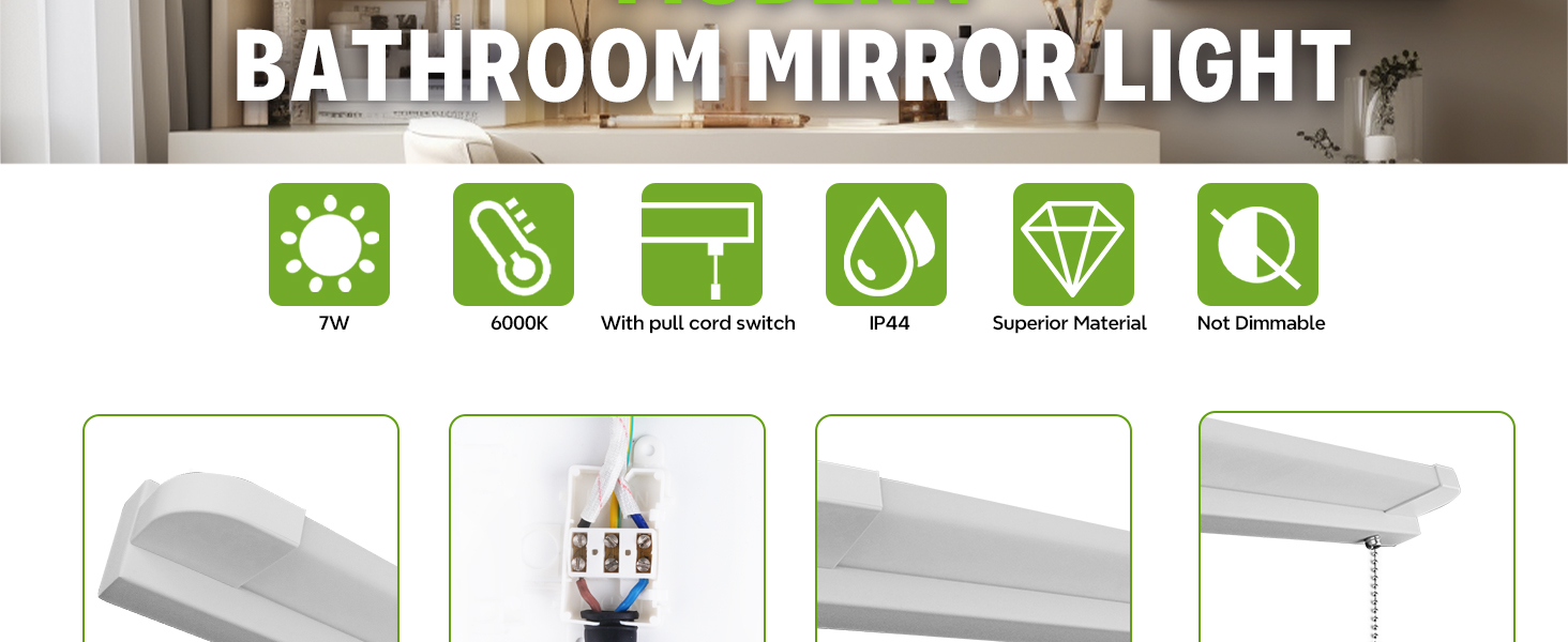 Luxvista 7W LED Bathroom Mirror Light with Pull Cord, IP44 Waterproof