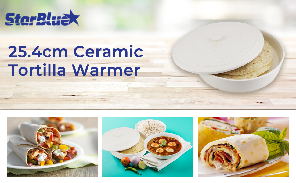 StarBlue 25.4cm Ceramic Tortilla Warmer with Free Recipes ebook White