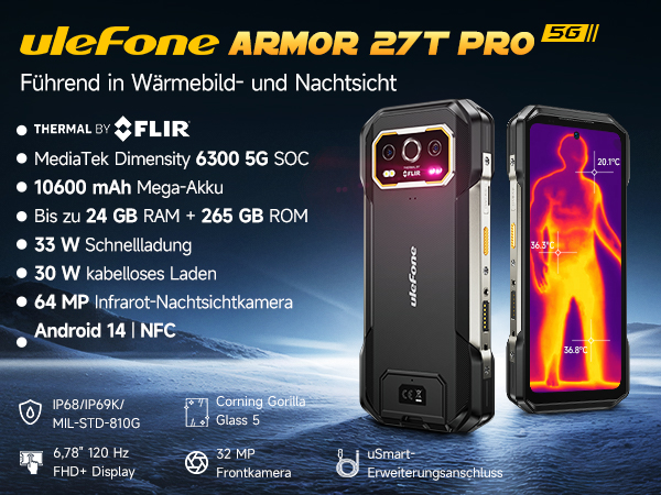 Ulefone Armor 27T Pro 5G Outdoor Handy Wärmebildkamera,12GB+