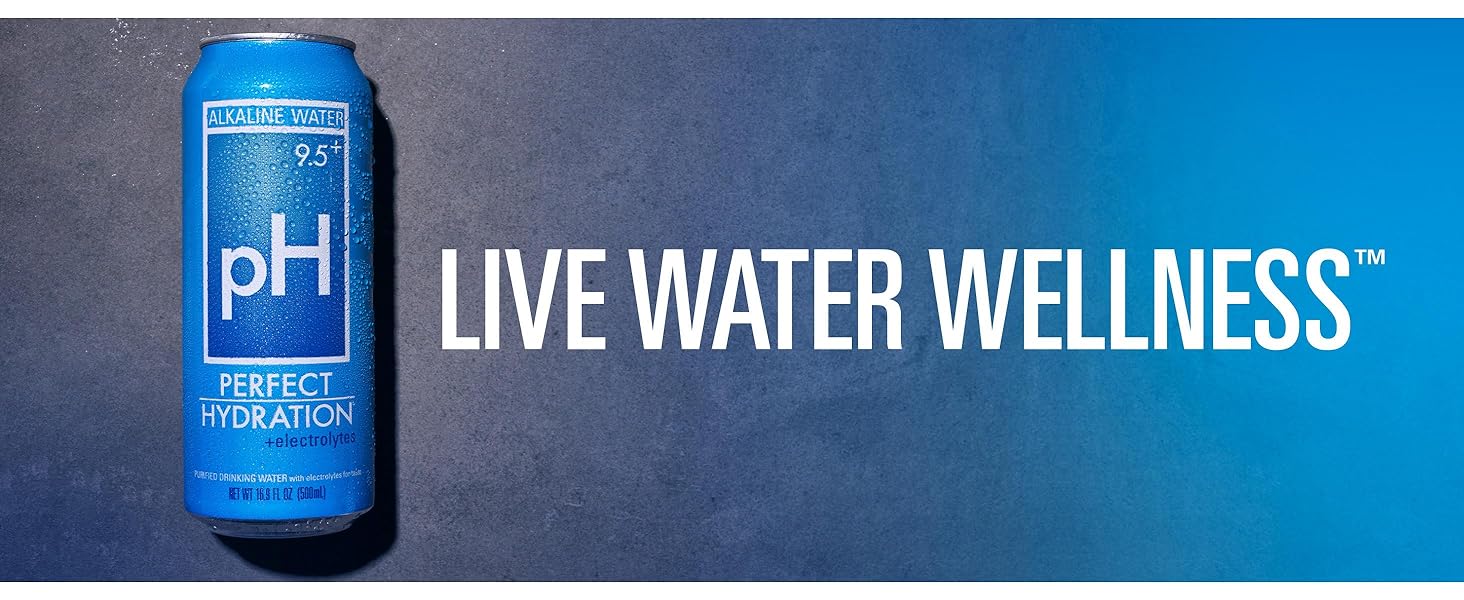 Perfect hydration alkaline water in a can with "Live Water Wellness" logo