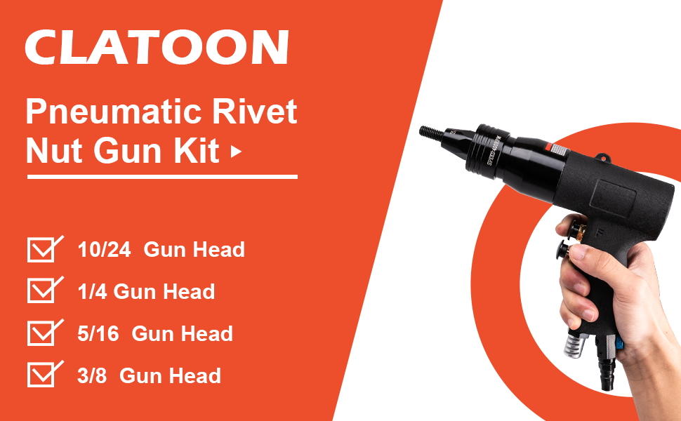 Clatoon Pneumatic Rivet Nut Gun with 1024 & 1/4 & 5/16 & 3